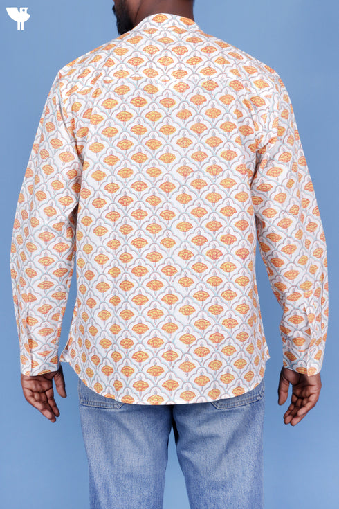 Cotton Men’s Short Kurta In Floral Block Print