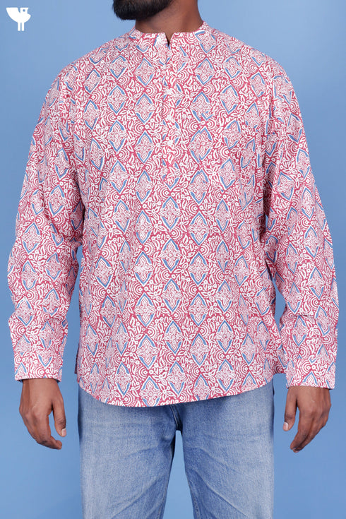Cotton Men’s Short Kurta In Floral Block Print