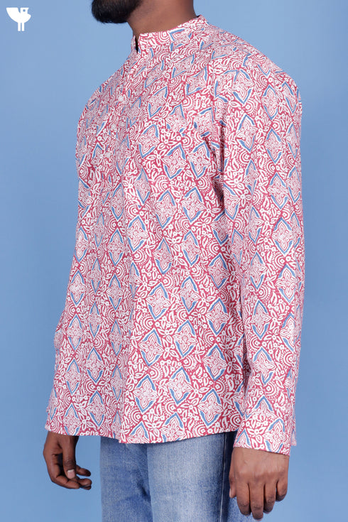 Cotton Men’s Short Kurta In Floral Block Print