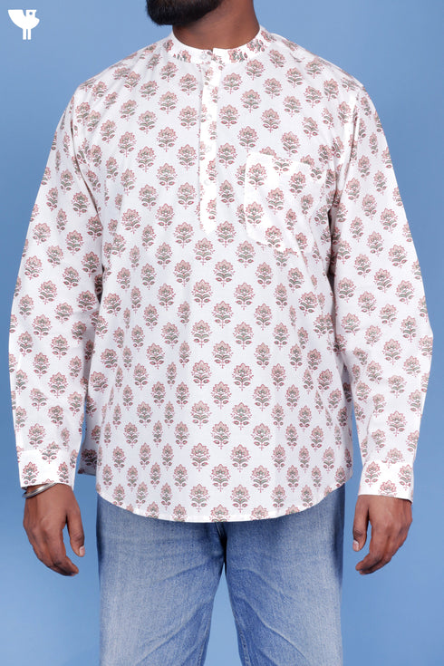 Cotton Men’s Short Kurta In Floral Block Print