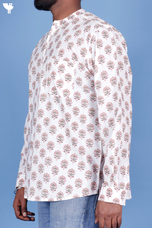 Cotton Men’s Short Kurta In Floral Block Print