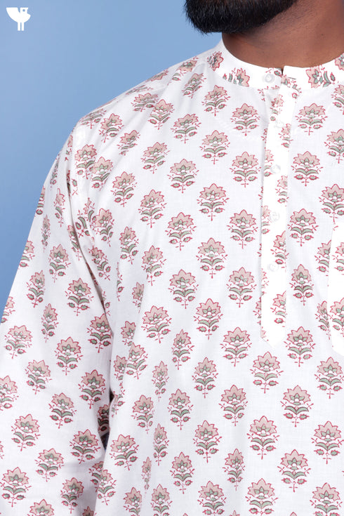 Cotton Men’s Short Kurta In Floral Block Print