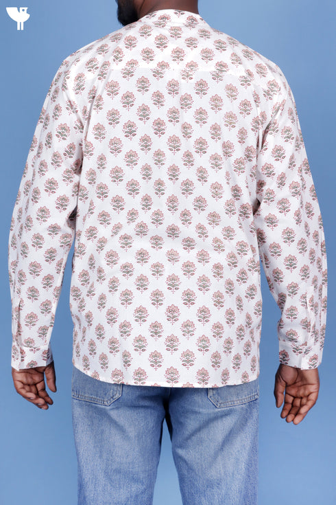 Cotton Men’s Short Kurta In Floral Block Print
