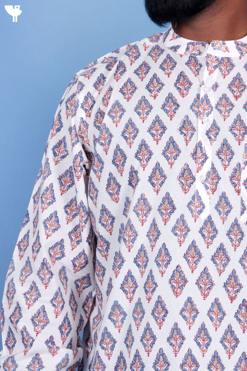 Cotton Men’s Short Kurta In Floral Block Print