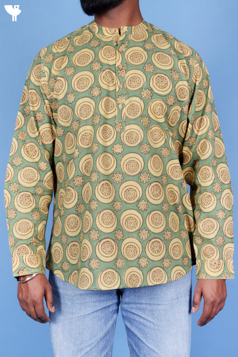 Slub Cotton Green Mens Short Kurta