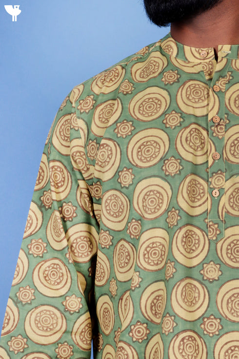 Slub Cotton Green Mens Short Kurta