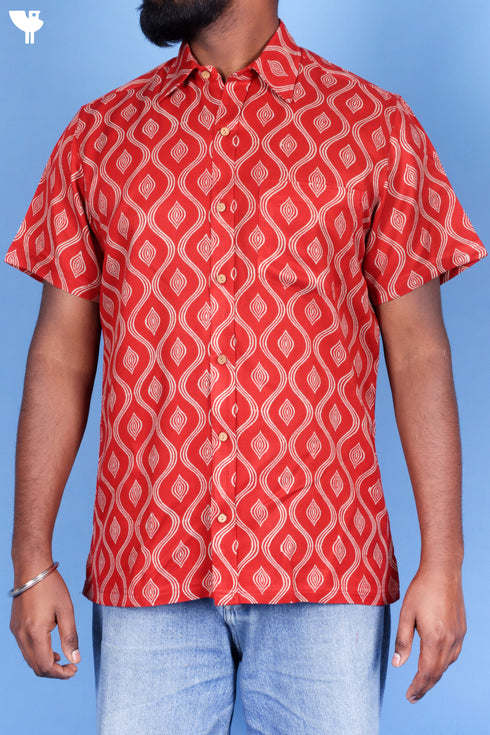 Rayon Twill Men’s Half Sleeved Shirt In Block Print Rust Red