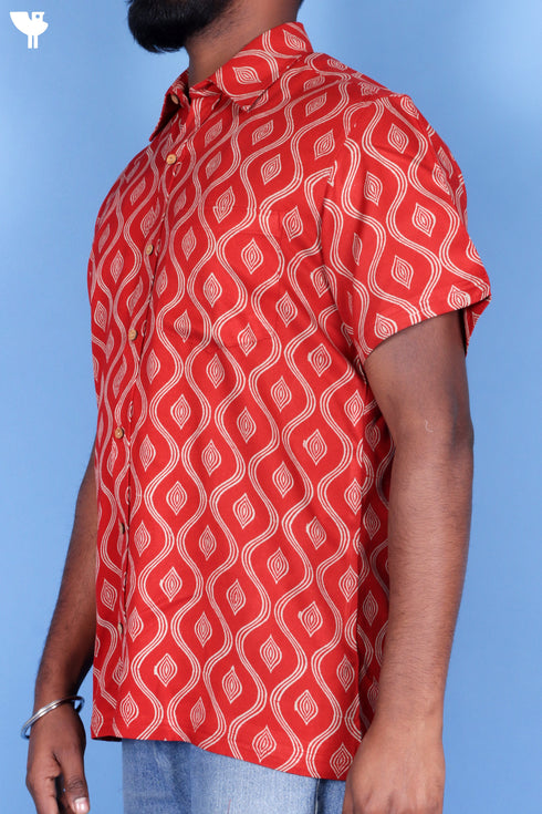 Rayon Twill Men’s Half Sleeved Shirt In Block Print Rust Red