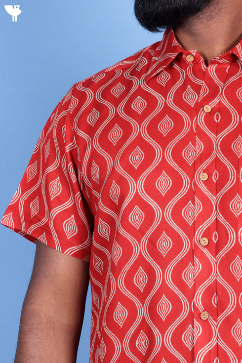 Rayon Twill Men’s Half Sleeved Shirt In Block Print Rust Red
