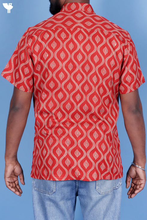 Rayon Twill Men’s Half Sleeved Shirt In Block Print Rust Red