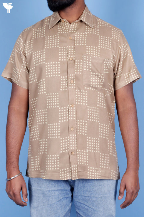 Rayon Twill Half Sleeved Shirt In Block Print Beige