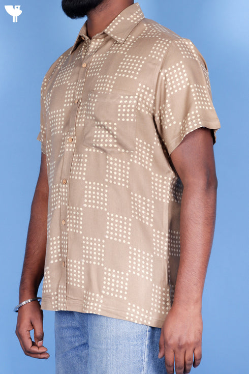 Rayon Twill Half Sleeved Shirt In Block Print Beige