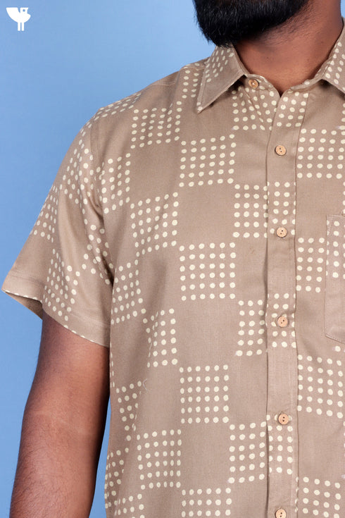 Rayon Twill Half Sleeved Shirt In Block Print Beige