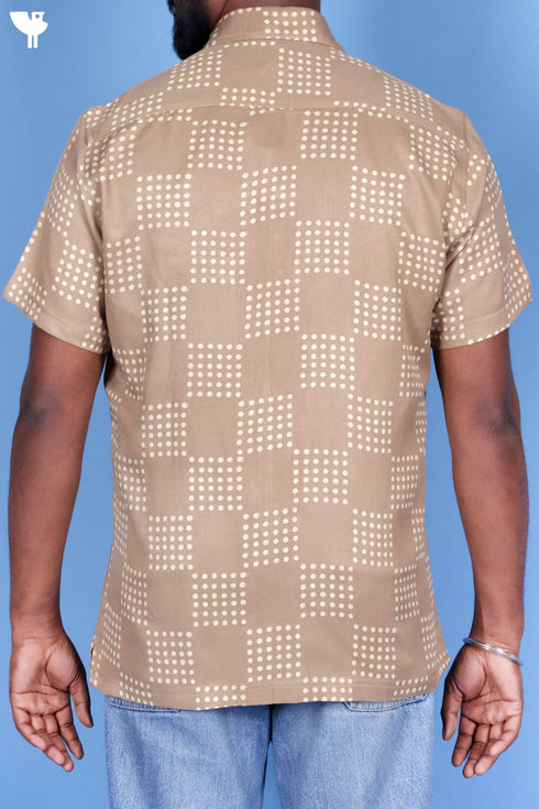 Rayon Twill Half Sleeved Shirt In Block Print Beige
