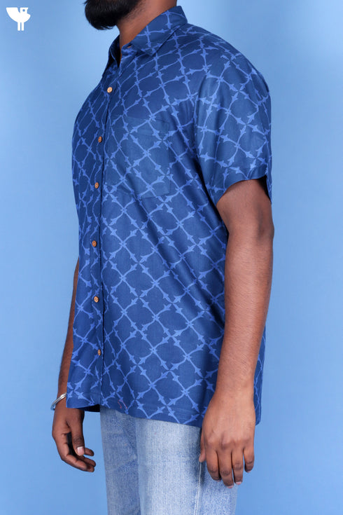 Rayon Twill Men’s Half Sleeved Shirt In Block Print Navy Blue