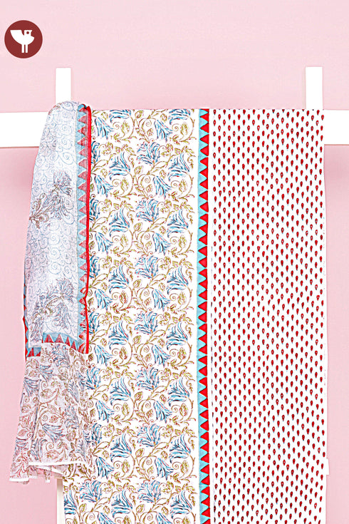 Cambric Cotton Dress Material With Kota Dupatta in Block Print