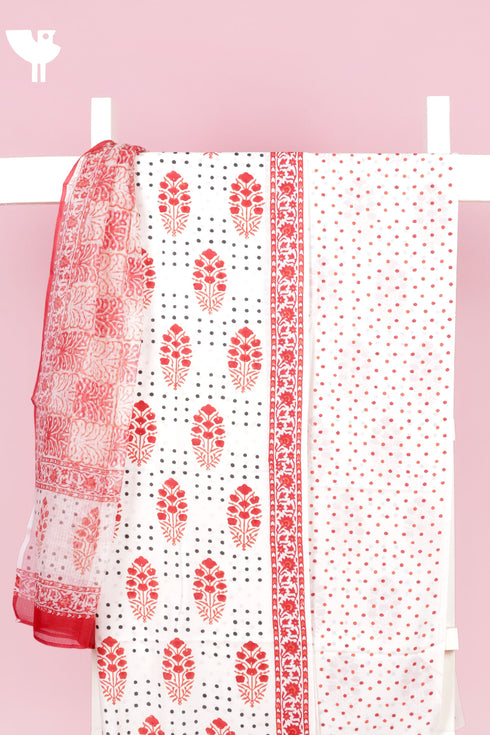 Cambric Cotton Dress Material With Kota Dupatta in Block Print