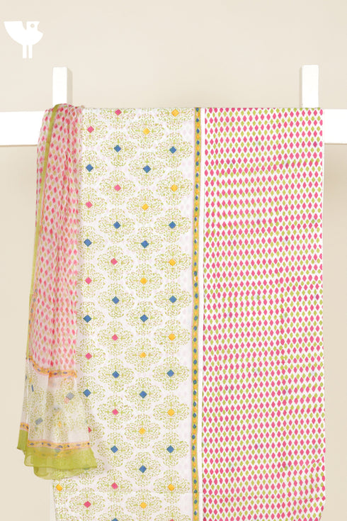 Cambric Cotton Dress Material With Kota Dupatta in Block Print