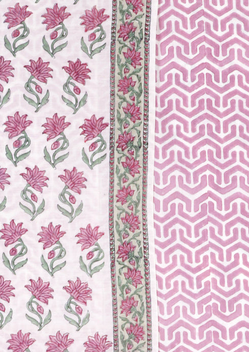 Chanderi Silk Dress Material With Dupatta In Floral Block Print