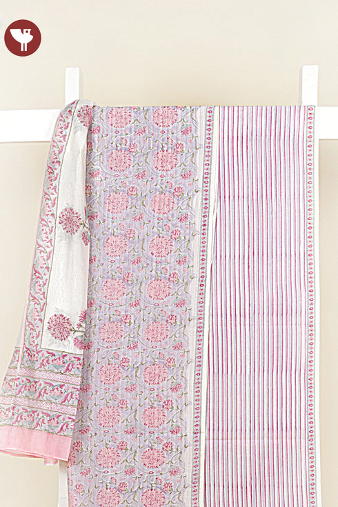 Chanderi Silk Dress Material With Dupatta In Floral Block Print