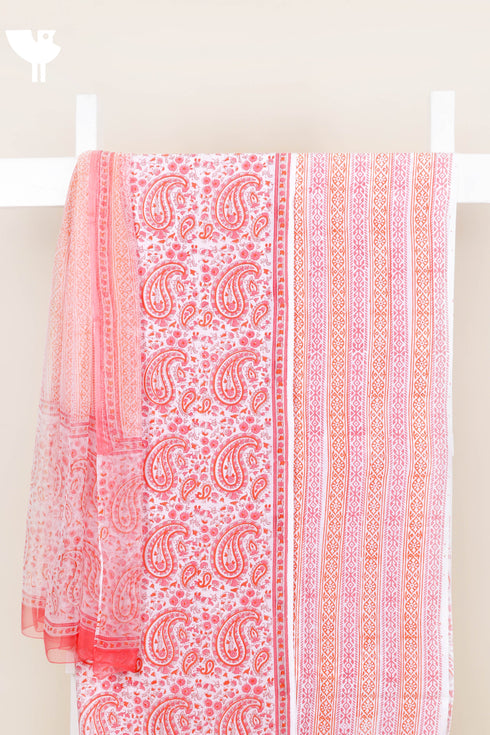 Cambric Cotton Dress Material With Chiffon Dupatta in Paisley Block Print