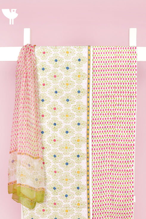 Cambric Cotton Dress Material With Chiffon Dupatta in Block Print