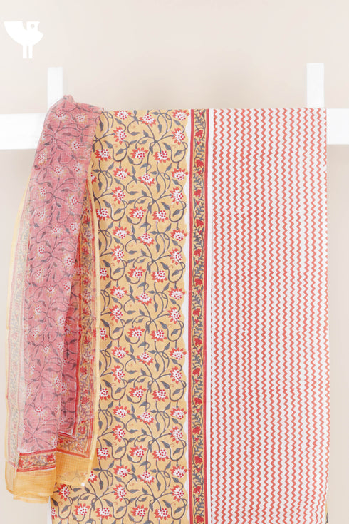 Bizzy Lizzy Dress Material With Kota Dupatta In Floral Block Print