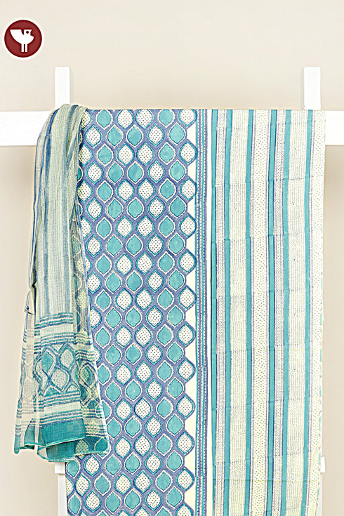 Bizzy Lizzy Dress Material With Kota Doria Dupatta in Geometric Block Print