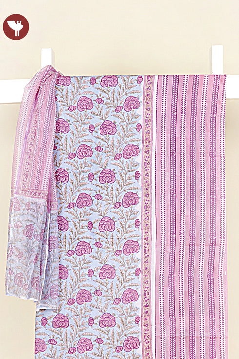 Terry Voile Dress Material with Kota Dupatta In Floral Block Print
