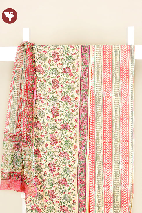Terry Voile Dress Material With Kota Dupatta in Floral Block Print
