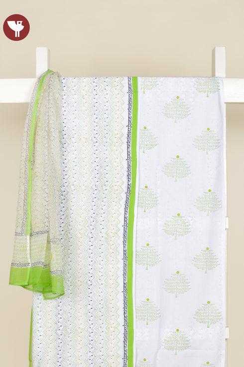 Cambric Cotton Dress Material With Kota Dupatta in Lime Green And Chartreuse Block Print