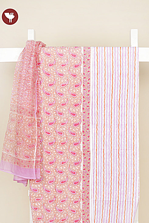 Cambric Cotton Dress Material With Kota Doria Dupatta in Floral Block Print