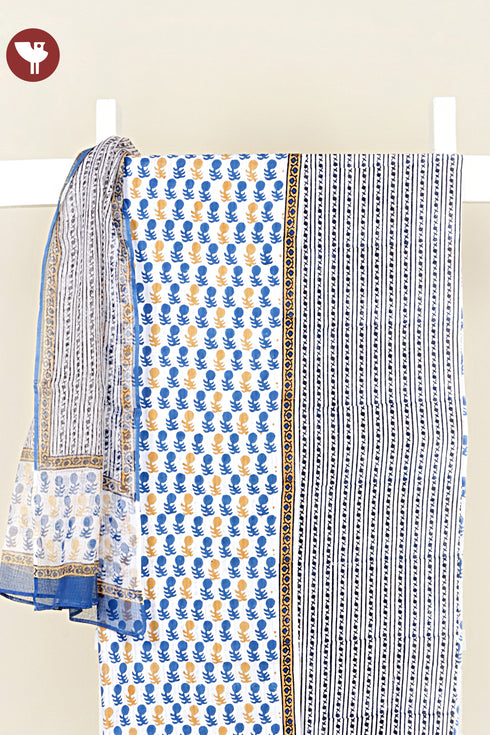 Cambric Cotton Dress Material With Kota Dupatta in Block Print
