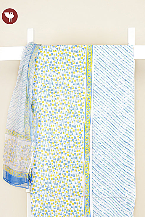 Cambric Cotton Dress Material With Kota Doria Dupatta in Floral Block Print