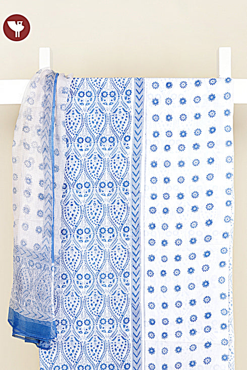 Cambric Cotton Dress Material With Kota Doria Dupatta in Floral Block Print