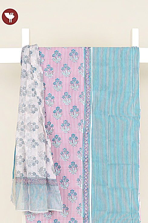 Cambric Cotton Dress Material With Kota Doria Dupatta in Stripe & Floral Block Print
