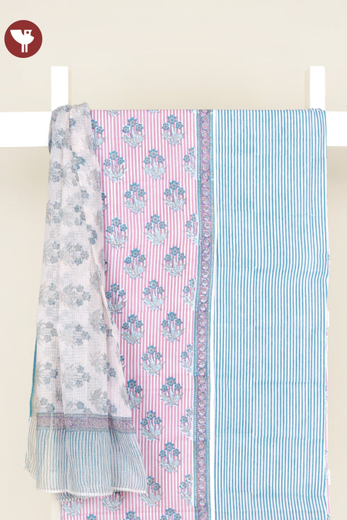 Cambric Cotton Dress Material With Kota Doria Dupatta in Stripe & Floral Block Print