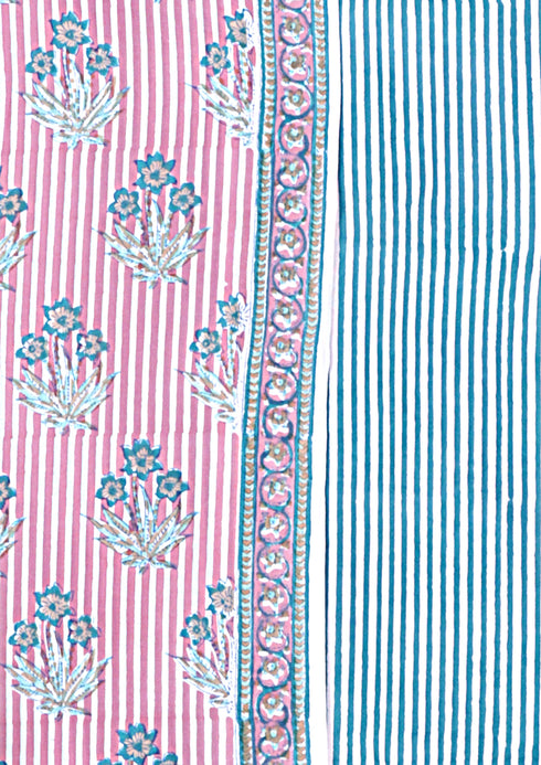 Cambric Cotton Dress Material With Kota Doria Dupatta in Stripe & Floral Block Print
