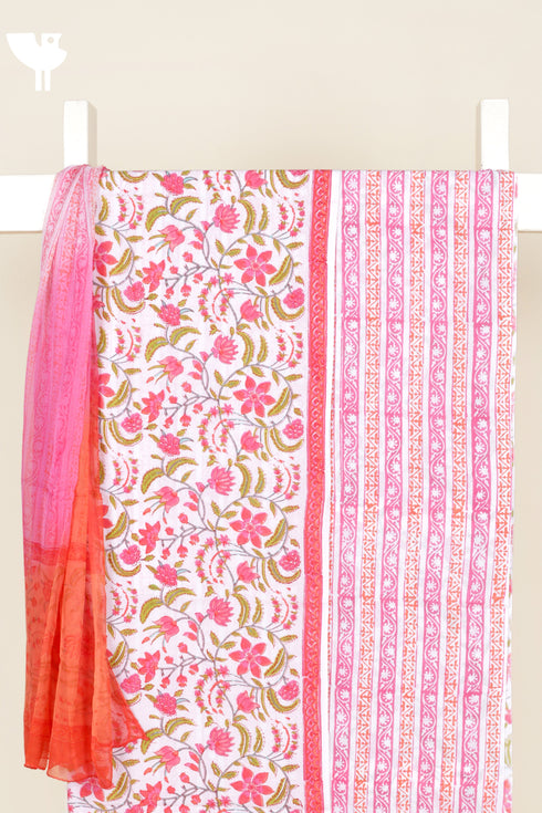 Cambric Cotton Dress Material With Chiffon Dupatta in Block Print