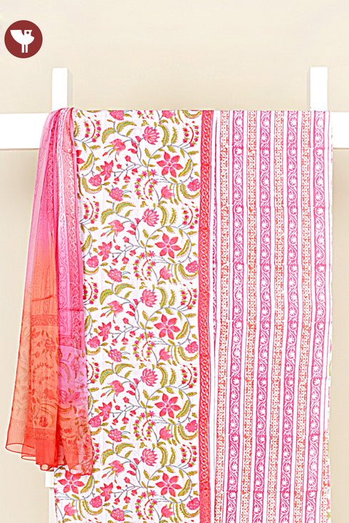 Cambric Cotton Dress Material With Chiffon Dupatta in Block Print