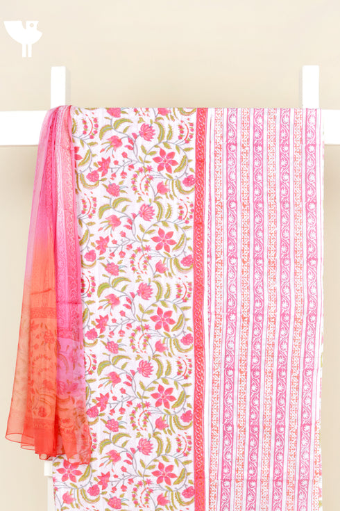 Cambric Cotton Dress Material With Chiffon Dupatta in Block Print