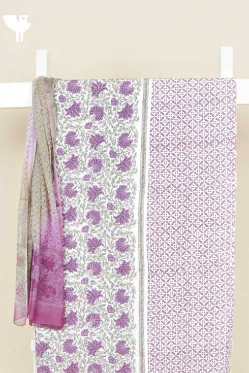 Cotton Cambric Dress Material with Chiffon Dupatta in Floral Block Print