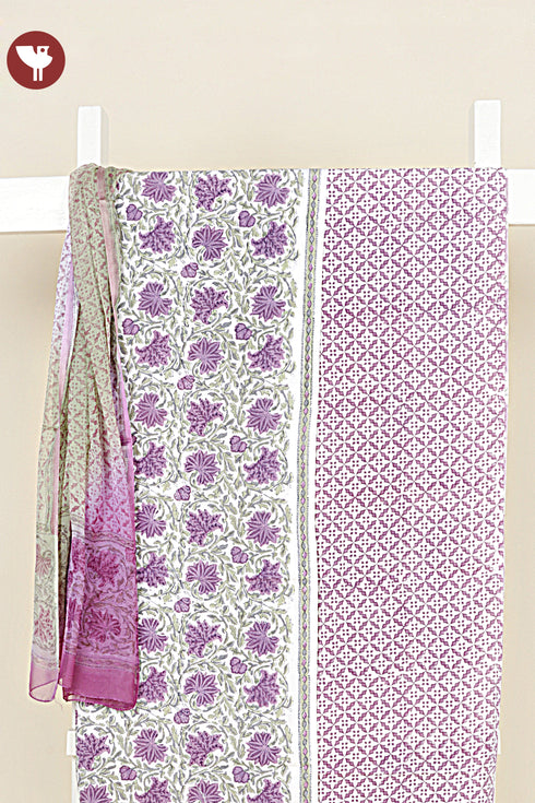 Cotton Cambric Dress Material with Chiffon Dupatta in Floral Block Print