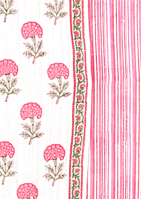 Stripe Cambric Cotton Dress Material With Kota Dupatta In Floral Block Print