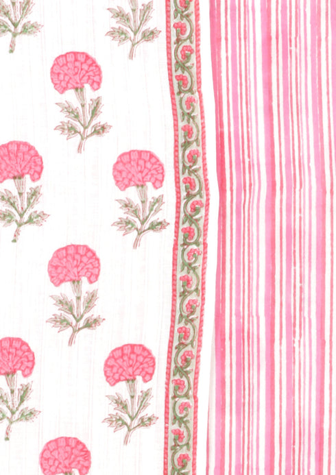 Stripe Cambric Cotton Dress Material With Kota Dupatta In Floral Block Print