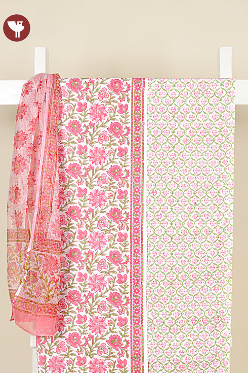 Terry Voile Dress Material with Kota Dupatta In Floral Block Print