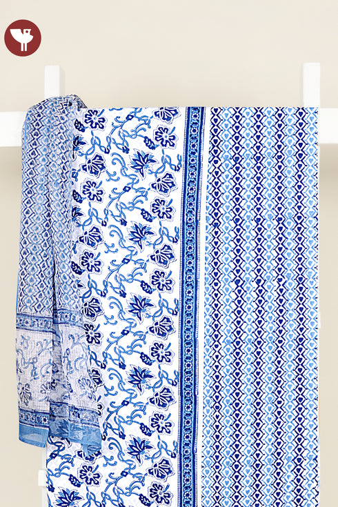 Cambric Cotton Dress Material With Kota Doria Dupatta in Floral Block Print