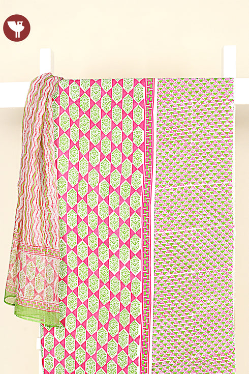 Cambric Cotton Dress Material With Kota Doria Dupatta in Geometric Block Print