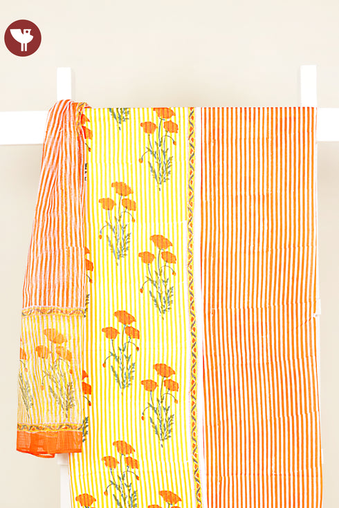 Cambric Cotton Dress Material With Kota Doria Dupatta in Floral Block Print