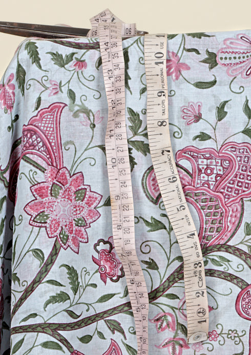 Mul Mul Cotton Silver base with Pink & Green Floral Print